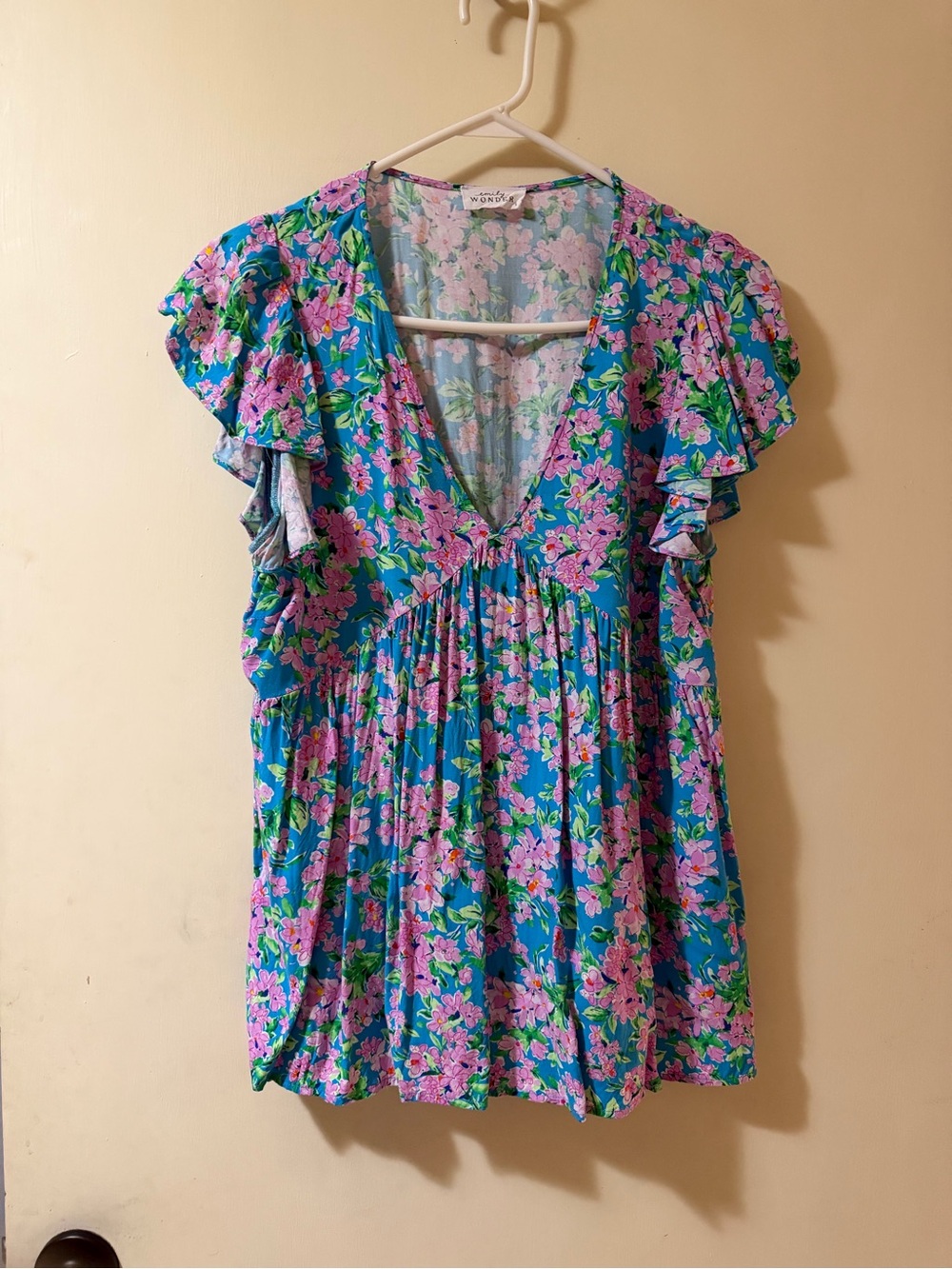 V-Neck Flutter Sleeve Tunic in Blue & Pink Floral
